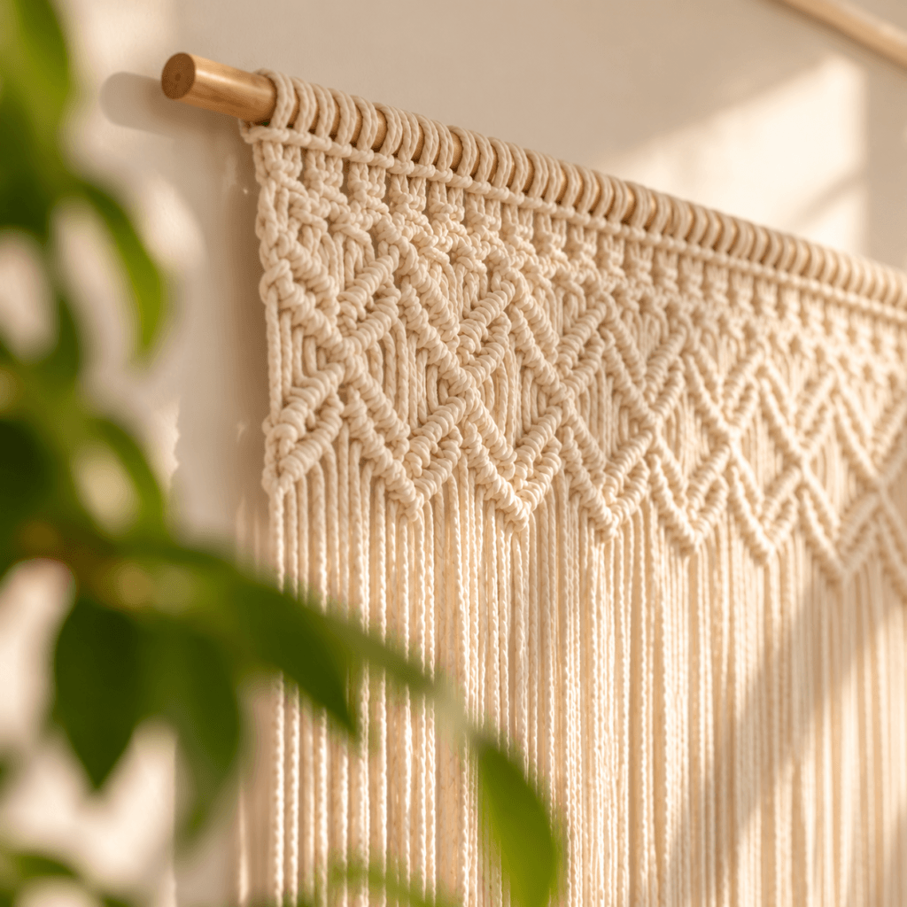 Cortina de macramé hecha a mano en color blanco crudo